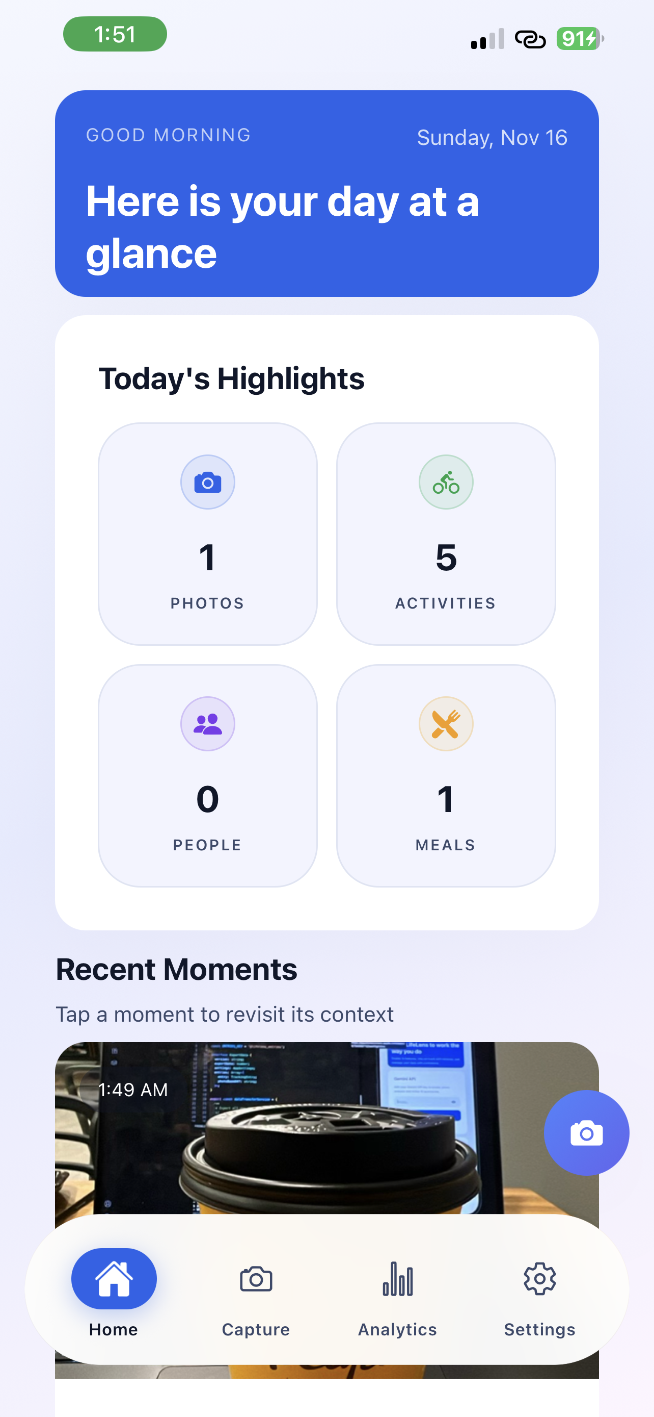 LifeLens insight feed showing photos and context